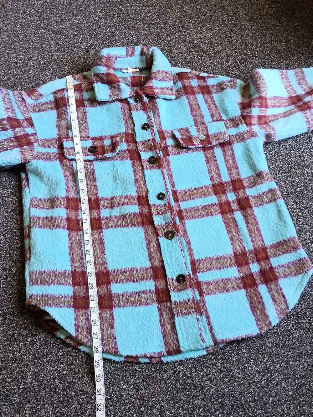 La Miel Turquoise & Burgundy Plaid Button Up Shacket Size Small, Rugged Chore